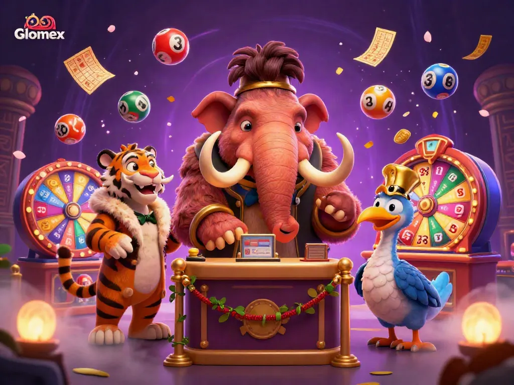 Engaging illustration of Glomex-themed gambling celebration with colorful lottery balls and vibrant characters.