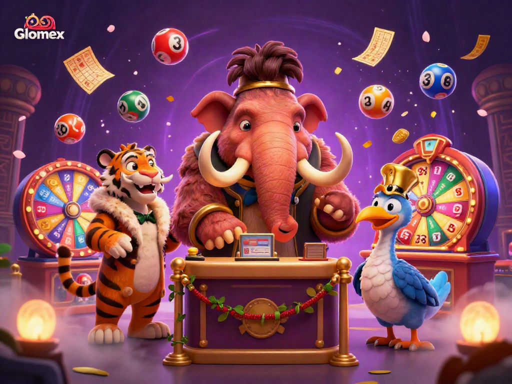 Engaging illustration of Glomex-themed gambling celebration with colorful lottery balls and vibrant characters.