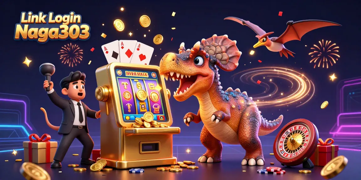 Experience thrilling wins with Link Login Naga303 as creatures celebrate jackpots and flying coins.