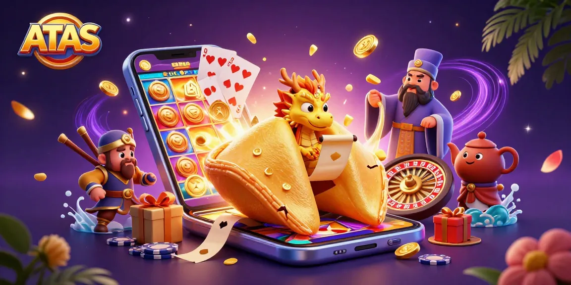 Immerse in ATAS Casino's magic with a vibrant 3D cartoon scene featuring a golden fortune cookie and vibrant gaming elements.