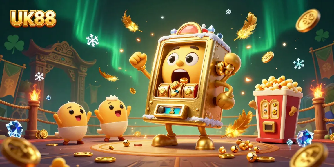 Experience UK88's thrilling jackpot with a lively slot machine scene filled with cheerful characters and atmospheric effects.