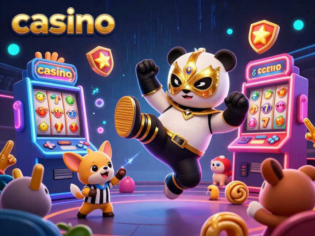 Experience excitement at the casino with a panda wrestler performing a flying kick amid dazzling slot machines.