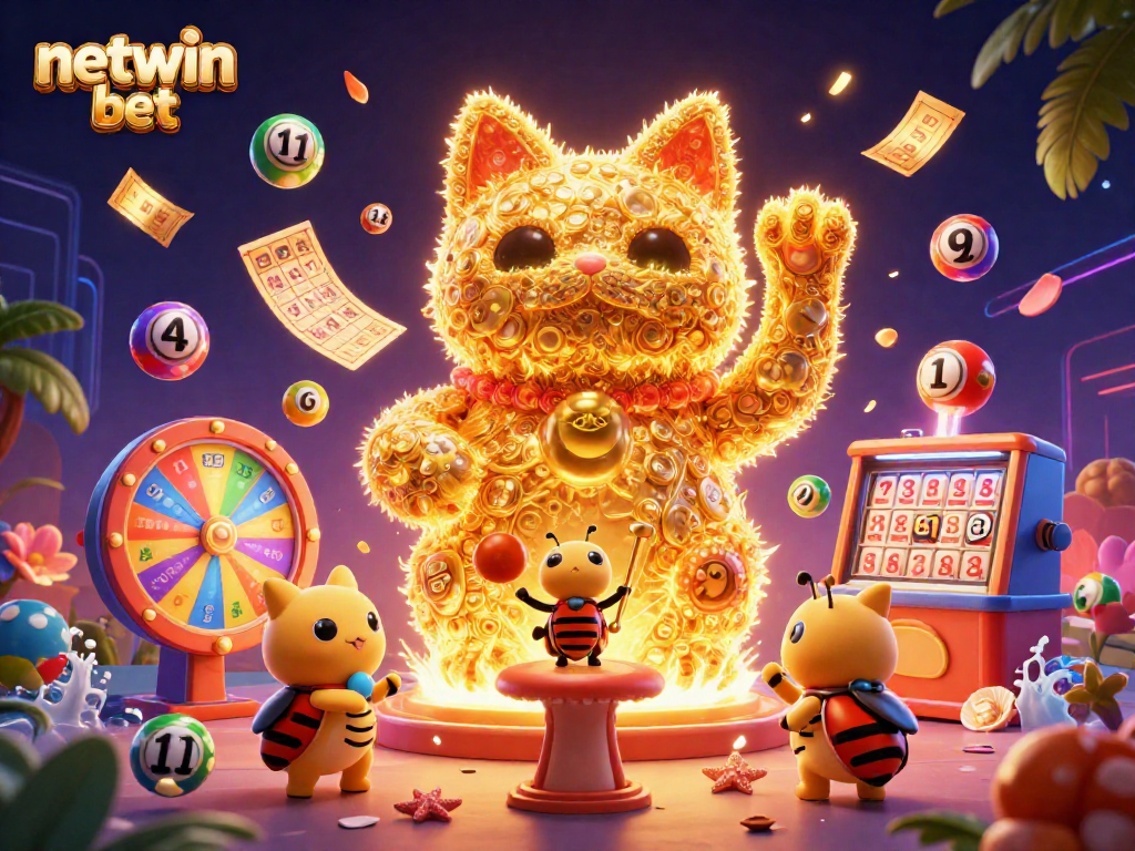 Engage with thrilling netwin bet opportunities featuring a vibrant lucky cat and colorful casino symbols.