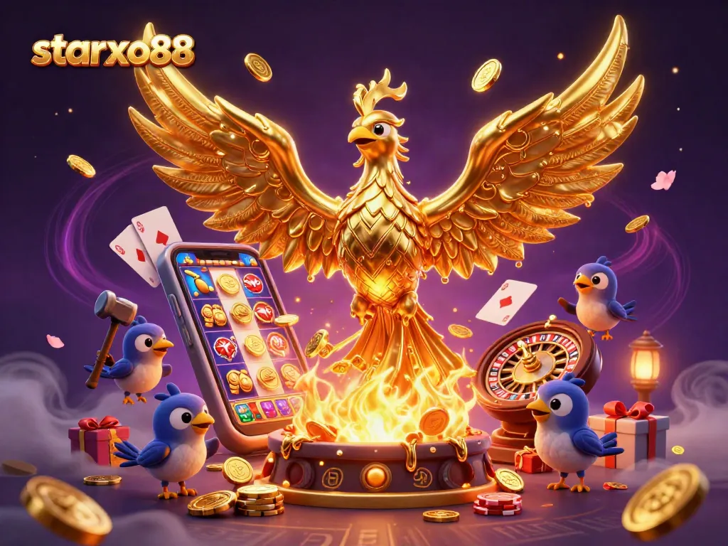 Win big with starxo88 featuring a golden phoenix and lively casino elements in action.