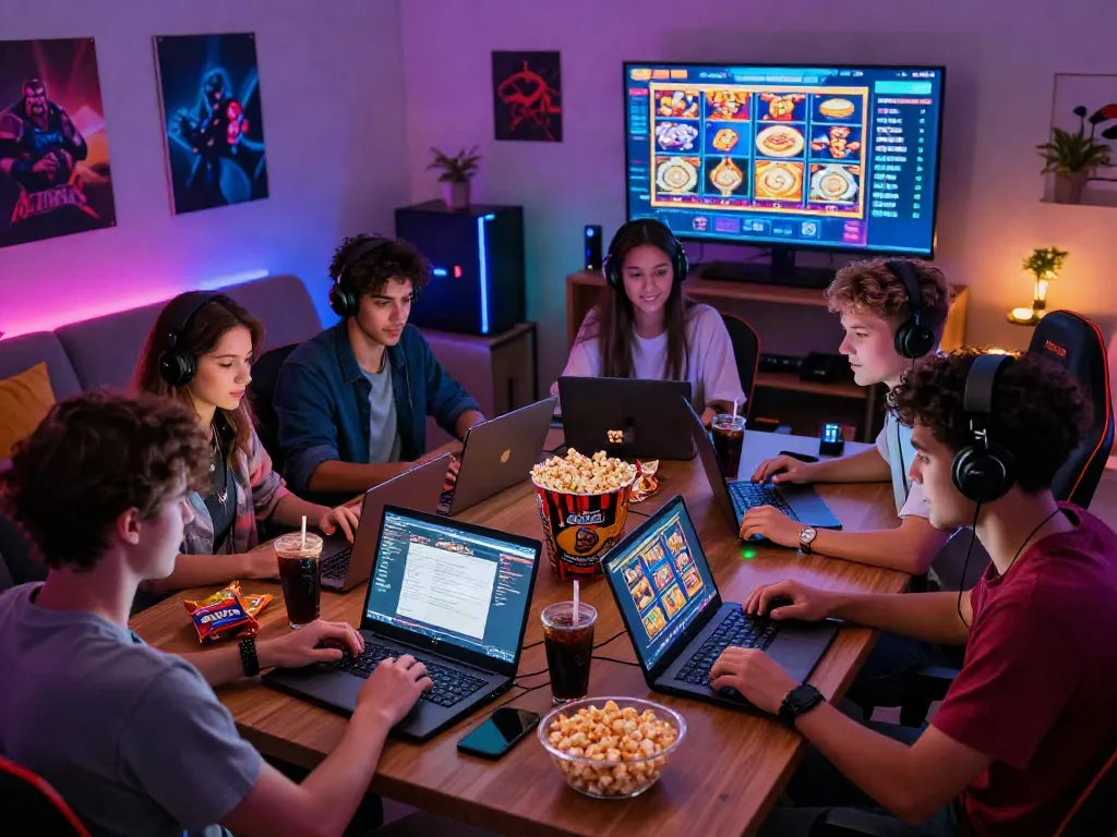 Friends engaging in ทดลองสล็อต games in a vibrant, cozy gaming room.