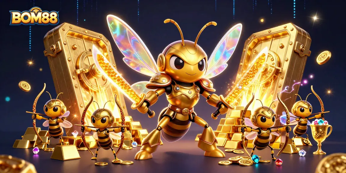 Experience the excitement of BOM88's gaming adventure with a vibrant and dynamic 3D casino-themed illustration.