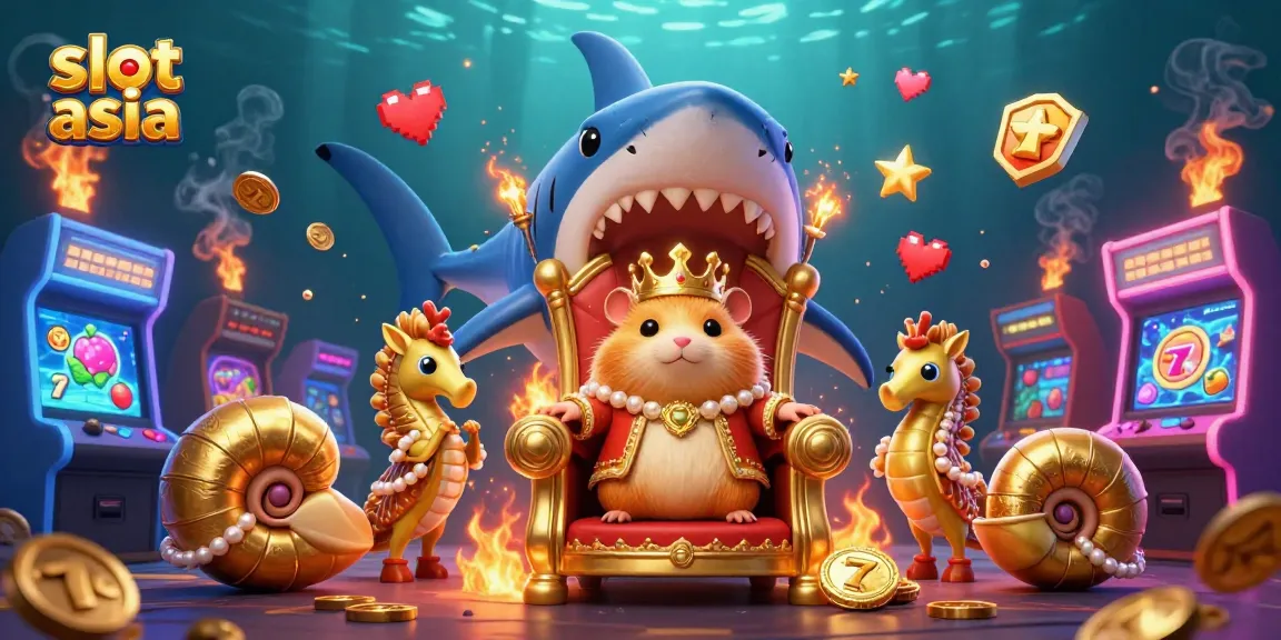 Menangkan slot asia dengan raja hamster bermahkota karang di atas takhta gigi megalodon, dikelilingi mesin permainan cerah.