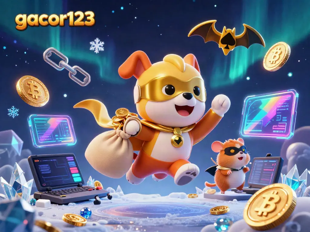Immerse in the world of gacor123 casino games with this vibrant 3D illustration of a superhero dog and hamster delivering gold.