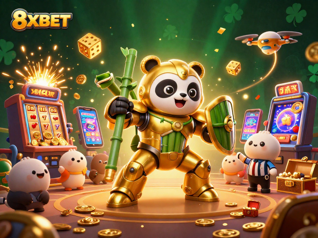 Experience thrilling wins with 8XBET in a vibrant casino arena filled with slot machines and energetic gameplay.