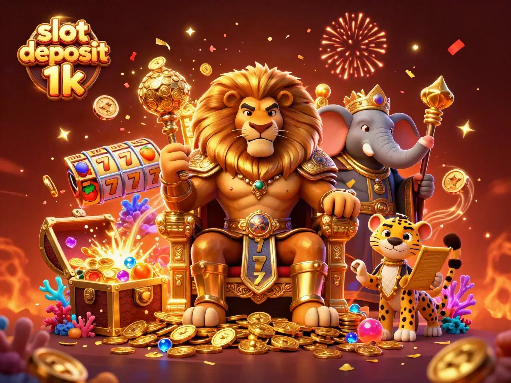 Experience the excitement of slot deposit 1k with a regal lion king and vibrant casino elements.