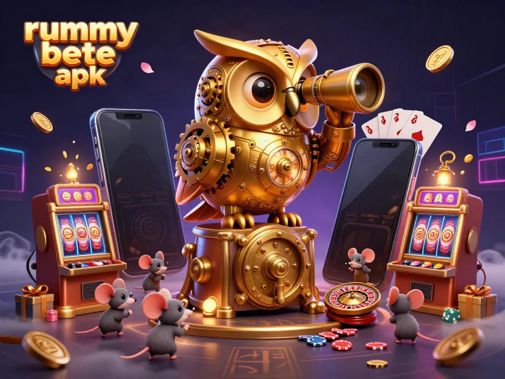Rummy deity apk menampilkan ilustrasi 3D detail tinggi dengan burung hantu emas dan atribut kasino.