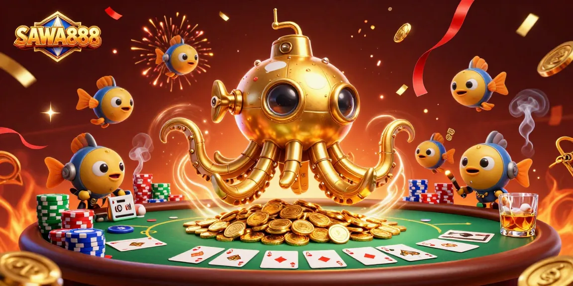 Experience the thrill at SAWA888 with a golden kraken amidst a vibrant casino scene featuring poker excitement.