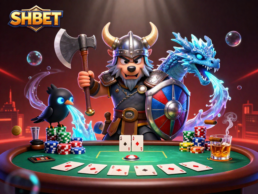 Engage with SHBET's dynamic casino atmosphere featuring a Viking warrior, dragon, and poker elements.