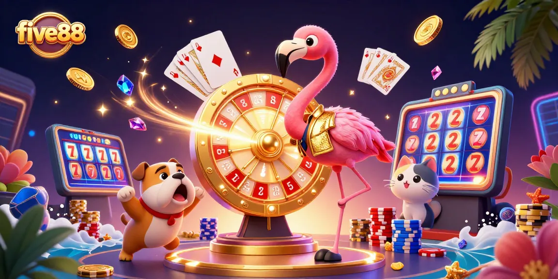 Experience thrilling gaming at five88 with a dynamic scene featuring a game show host, contestants, and dazzling casino elements.