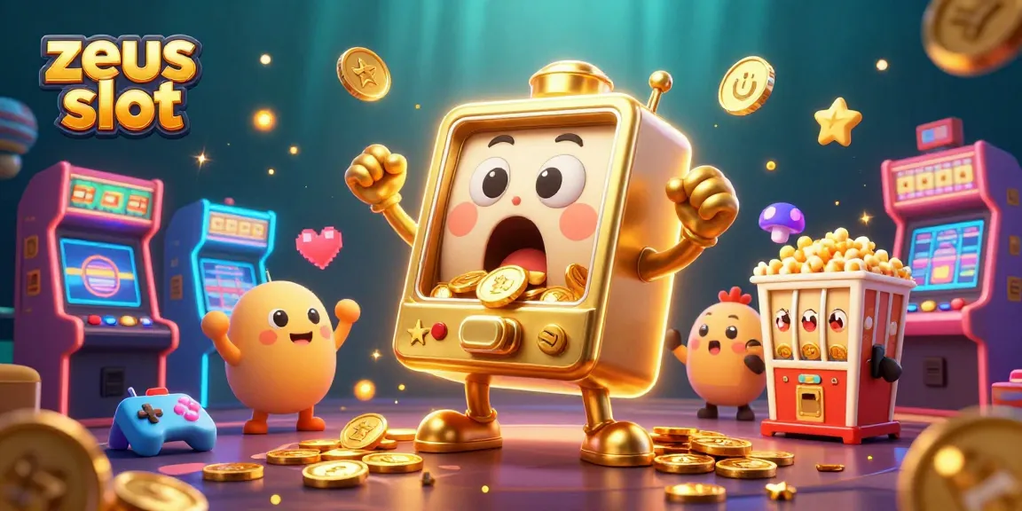 Experience the zeus slot excitement as the animated slot machine celebrates a jackpot eruption with golden coins.