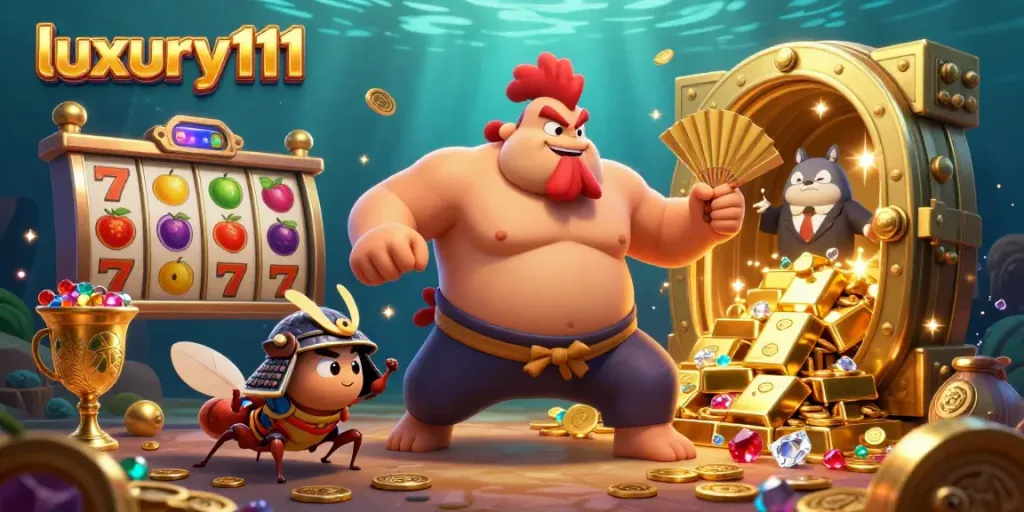 Experience thrilling gameplay with luxury111 as vibrant slot reels and treasures surround unique casino characters.