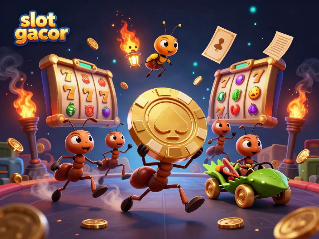 Experience the exciting world of slot gacor with a dynamic illustration featuring ants carrying a giant poker chip.