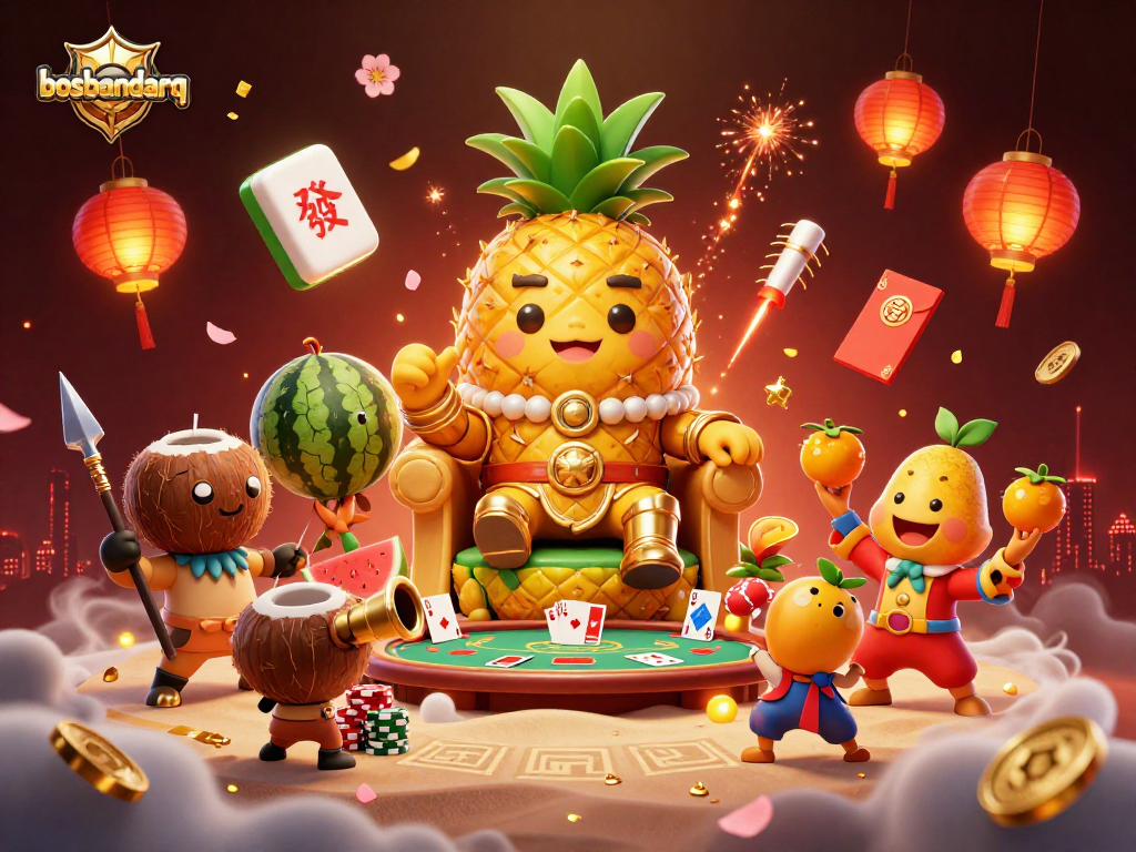Play exciting games at bosbandarq, where the golden pineapple king and friends celebrate casino fun!