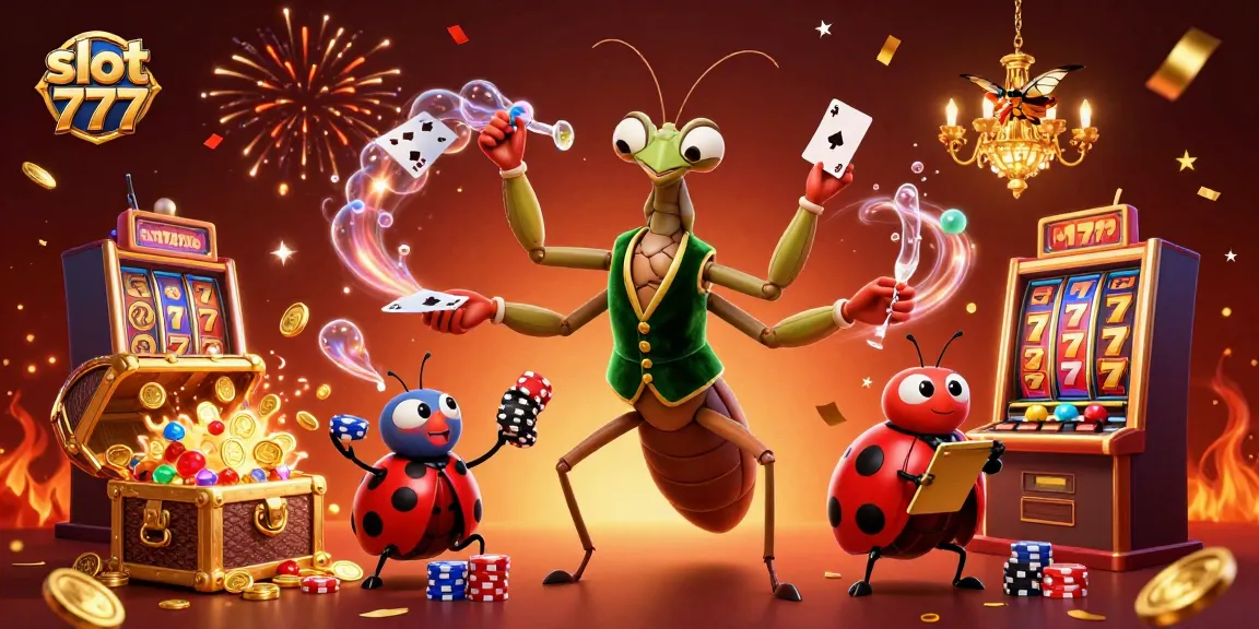 Experience the excitement of slot 777 with vibrant casino characters dealing cards and pouring champagne.