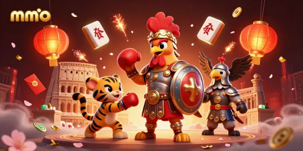 Mmoo themed promotional art depicting a gladiator rooster and tiger cub in a vibrant casino atmosphere.