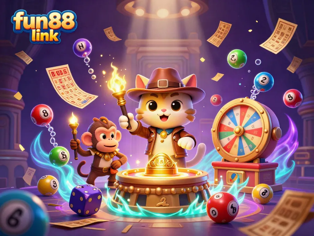 Experience fun88 link with a vibrant 3D scene of an archaeologist cat uncovering casino treasures.