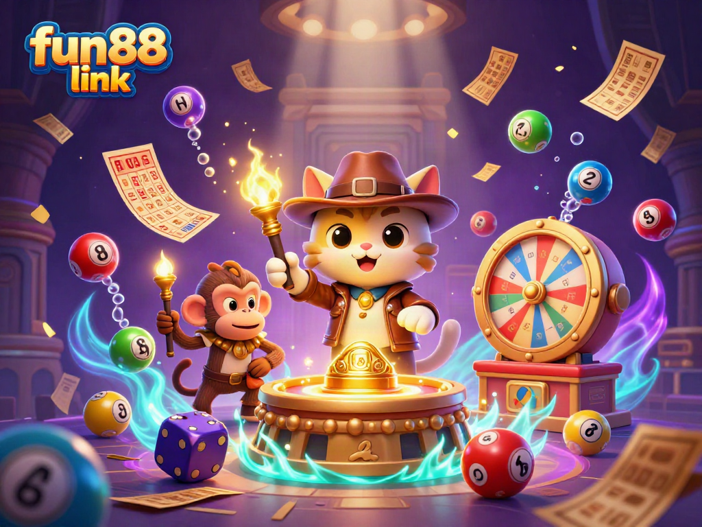 Experience fun88 link with a vibrant 3D scene of an archaeologist cat uncovering casino treasures.