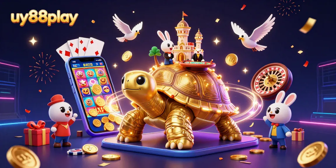 Join the excitement of uy88play with a vibrant 3D casino illustration featuring a whimsical tortoise and thrilling games.