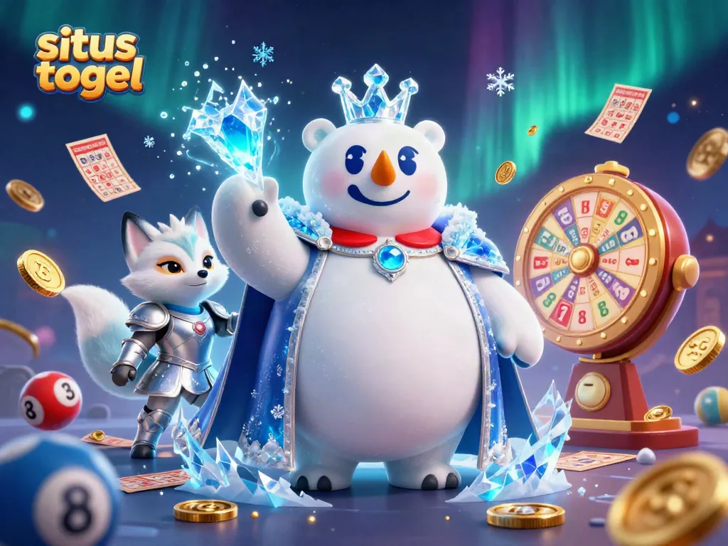 Engage with situs togel elements like lottery balls and bingo cards, featuring a polar bear and fox in a vibrant scene.