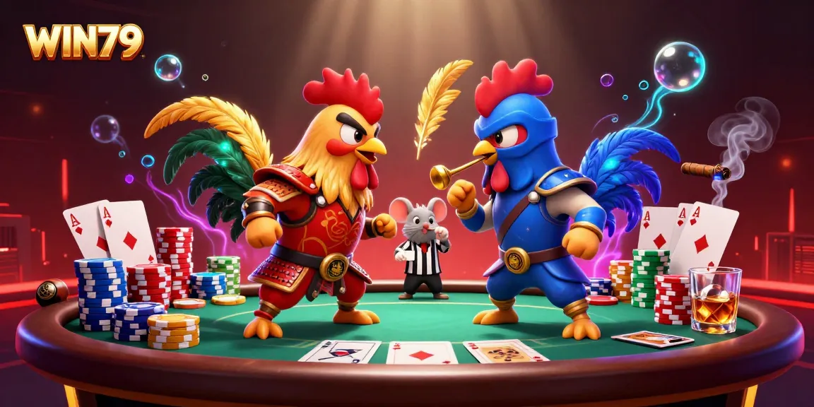 WIN79 showcases battling roosters in a vibrant casino scene with poker elements and dramatic lighting.