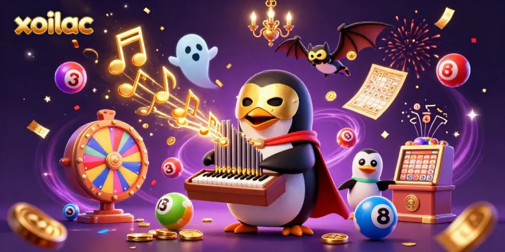 Xoilac penguin at the pipe organ launches coins, surrounded by a vibrant gambling scene.