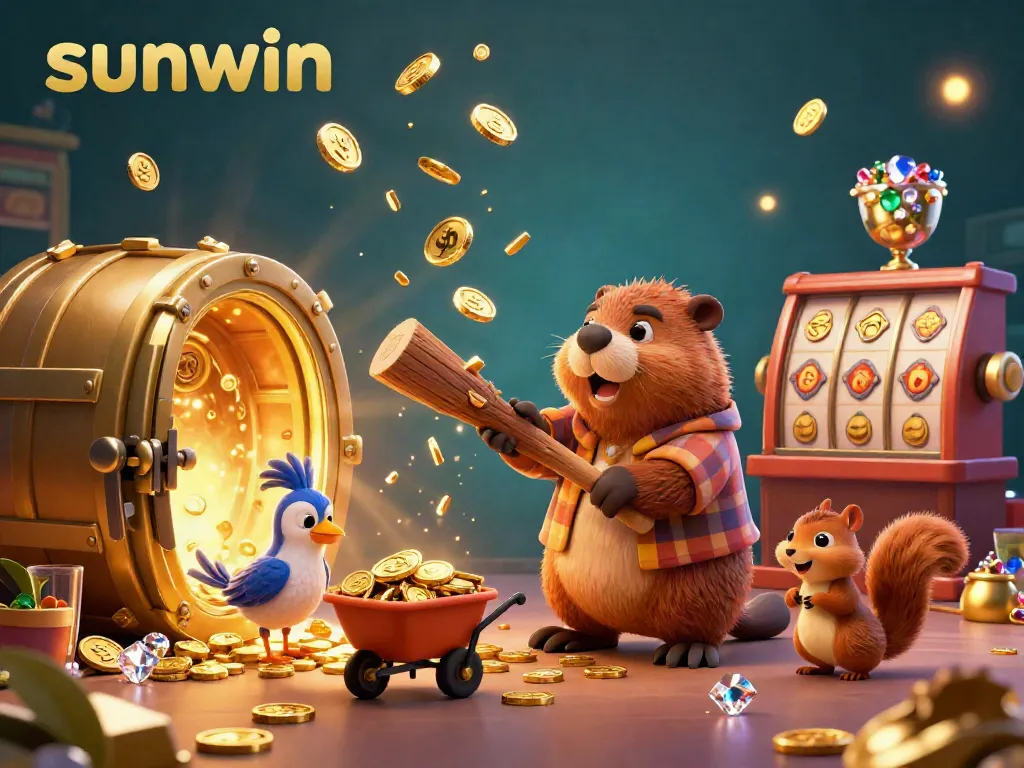 Experience the thrill of sunwin with our lively 3D casino illustration featuring charming characters and dynamic elements.