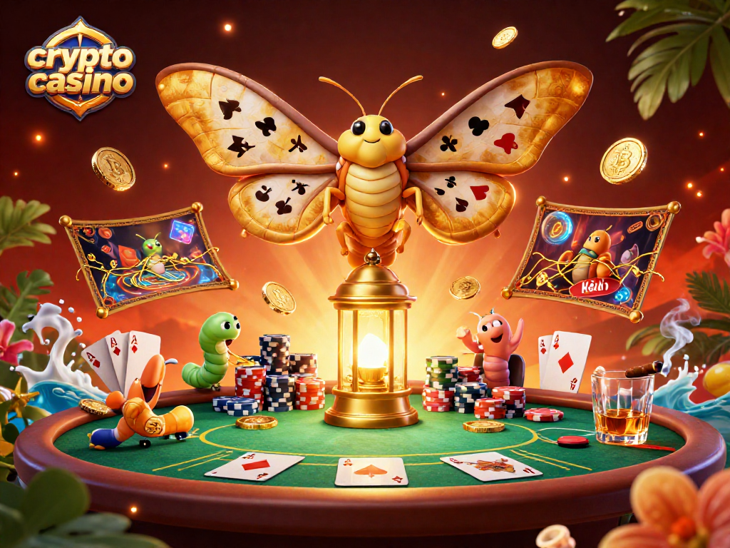 Engage in a vibrant crypto casino atmosphere with a majestic moth and dynamic game elements.