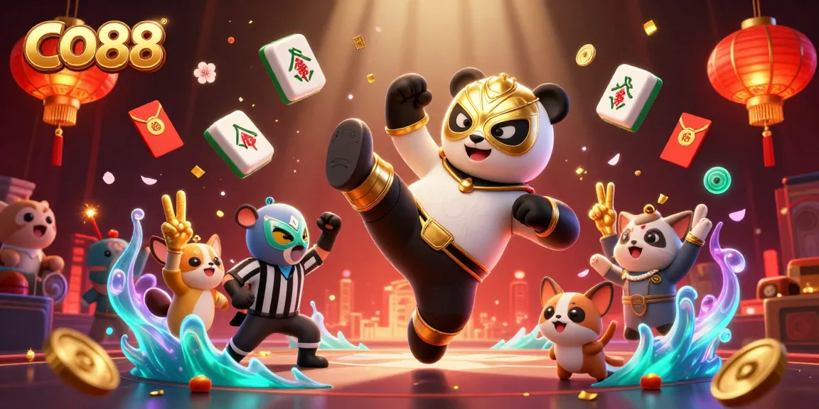 Experience CO88 excitement as a panda wrestler kicks in a vibrant casino scene filled with joyful animals.