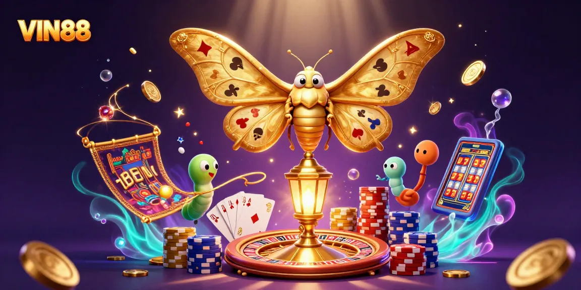 Engage with exciting games at VIN88, featuring vibrant casino scenes and enchanting moths.