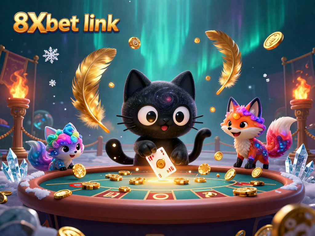 Engage with the vibrant 8Xbet link universe featuring a cosmic casino scene with playful characters and elements.
