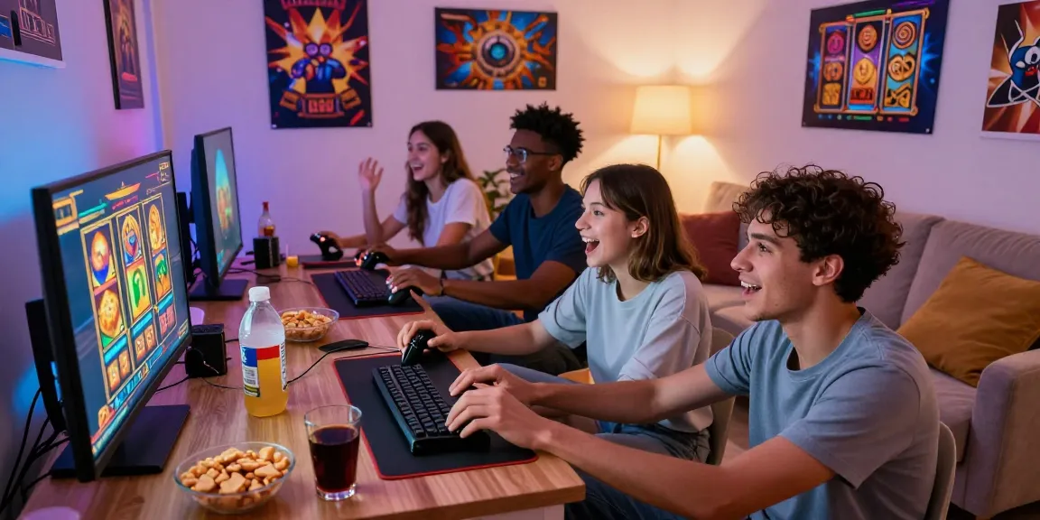 Exciting online gaming atmosphere with friends enjoying slot games at https://garuda55.com/ in a cozy living room setting.