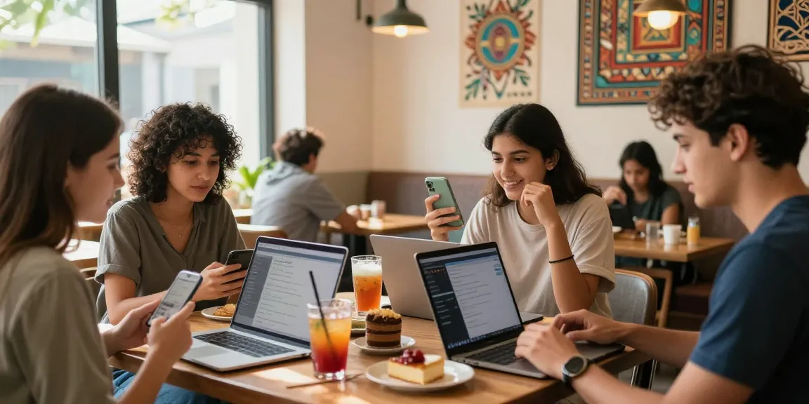 Engaging café atmosphere with friends chatting using شات الرياض on smartphones and laptops.
