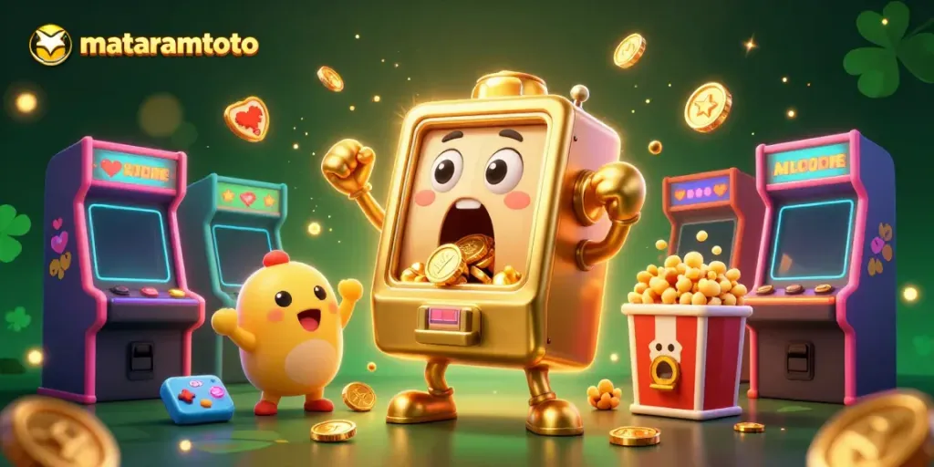 Experience the excitement of mataramtoto with a joyful slot machine hitting a jackpot surrounded by cheering mini machines and game elements.