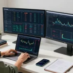 Трейдер анализирует биткойн через интерфейс BitMEX в современном офисе, изучая отзывы о брокере BitMEX.