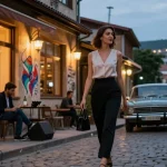 Elegant escort Tbilisi walking in lively urban setting, vibrant nightlife scene.