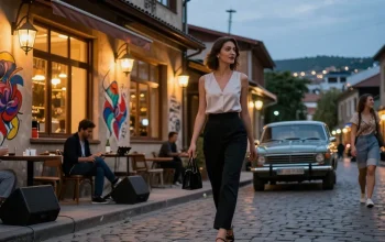 Elegant escort Tbilisi walking in lively urban setting, vibrant nightlife scene.