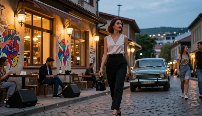 Elegant escort Tbilisi walking in lively urban setting, vibrant nightlife scene.
