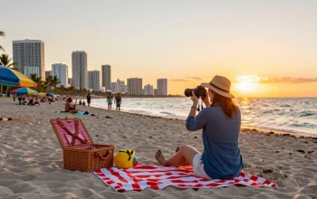 Pengunjung https://miami4d.com/ menikmati suasana pantai Miami saat matahari terbenam, suasana ceria dan hangat.
