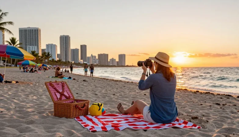 Pengunjung https://miami4d.com/ menikmati suasana pantai Miami saat matahari terbenam, suasana ceria dan hangat.