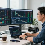 同花顺交易分析师在现代办公室专注于股票行情和实时数据分析。