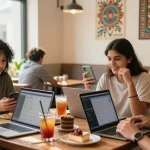 Engaging café atmosphere with friends chatting using شات الرياض on smartphones and laptops.