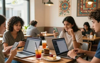 Engaging café atmosphere with friends chatting using شات الرياض on smartphones and laptops.