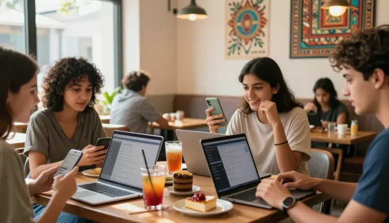 Engaging café atmosphere with friends chatting using شات الرياض on smartphones and laptops.